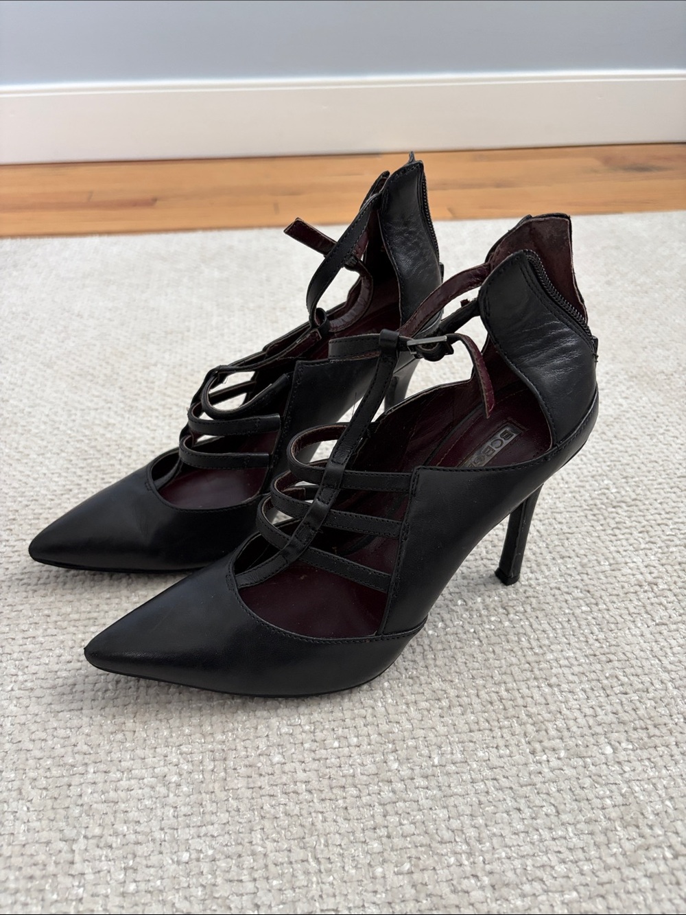 BCBGeneration Black Strappy Pointed-Toe Stiletto Heels